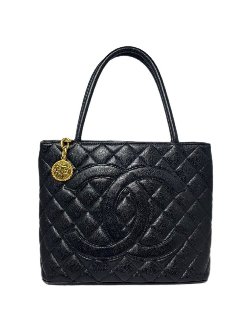 Chanel Medallion Tote Bag Caviar Leather CC Logo Black Gold